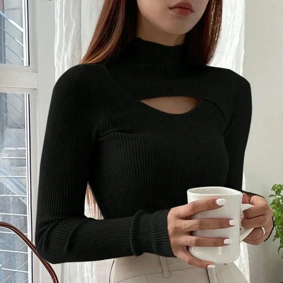 Black Casual Women's Cut Out Mock Neck Ribbed Knit Sweater - Picture 4 of 4